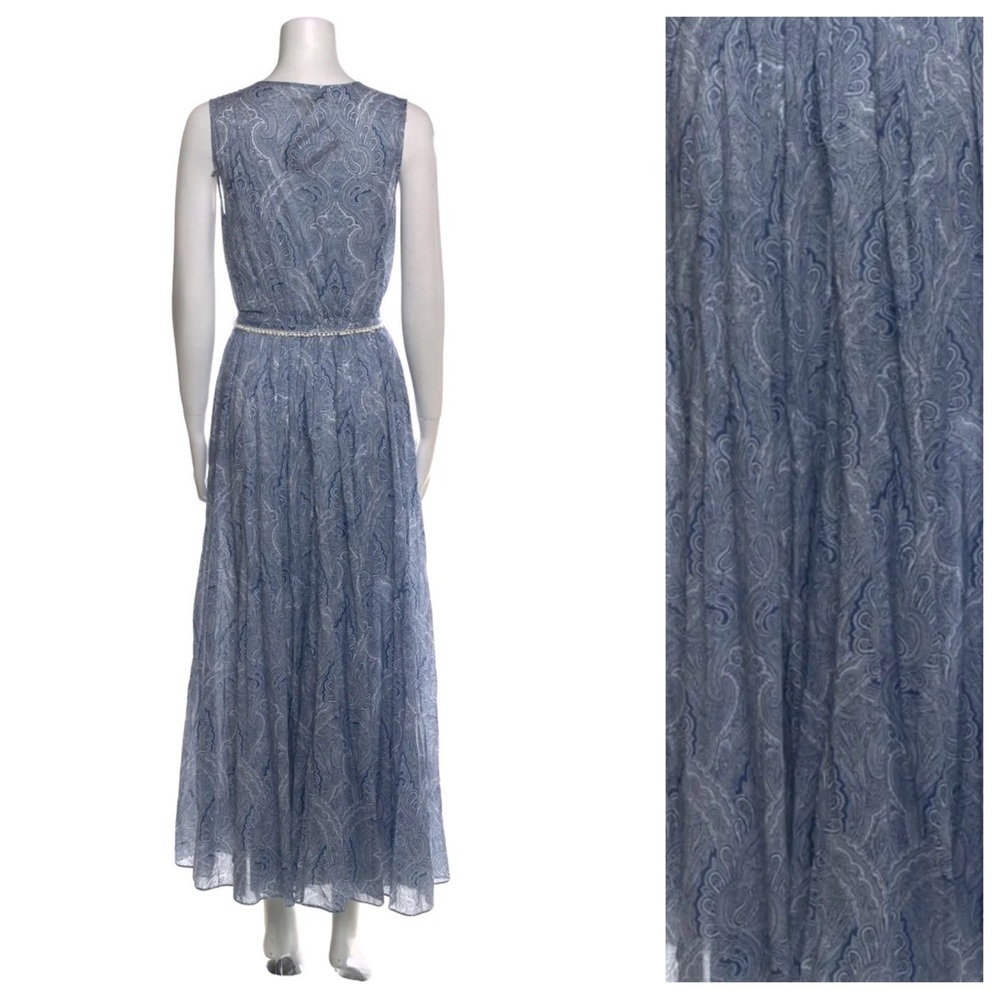 NWOT MARCHESA VOYAGE Blue Printed Long Dress with Embroidered Accent Belt Size 8 - Picture 2 of 8